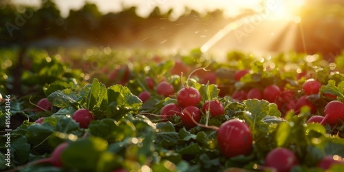 Rows of organic radishes being watered with a sprinkler system at sunset.