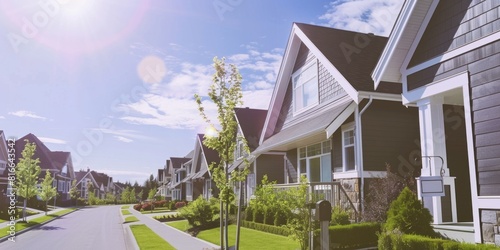 Suburban neighborhood with modern houses lining a clean, tree-lined street under a bright, sunny sky. The homes feature crisp charcoal grey siding and well-maintained lawns