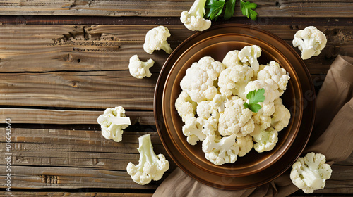 Plate with white cauliflower cabbage on wooden table -