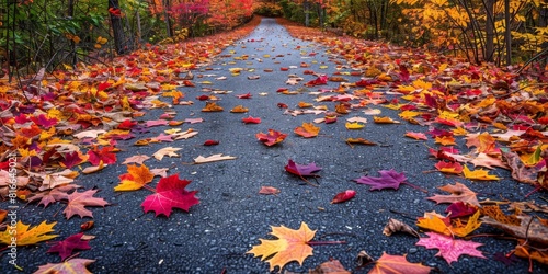 A path covered in colorful autumn leaves with a clear spot on the path for text or product