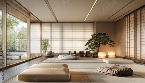 Japanese Minimalism A living room inspired by Japanese minimalism, with tatami mats and simple furniture