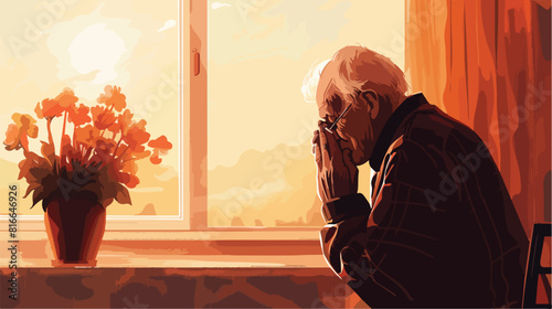 Portrait of praying elderly man at home Vector style