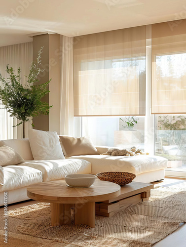 Minimalist Window Treatments A living room with minimalist window treatments like sheer curtains or blinds