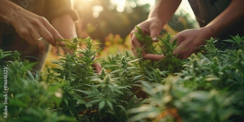 Workers trimming cannabis plants to promote growth, focusing on their skilled hands.