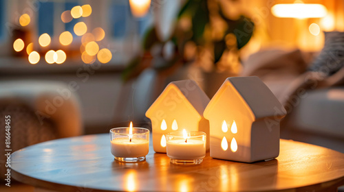 House shaped candle holders on table in living room