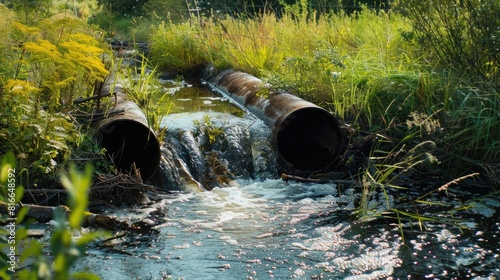 Slow flow of wastewater from a pipeline into a retention pond