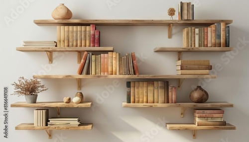 Minimalist Shelving Unit A wallmounted minimalist shelving unit displaying books and decor items