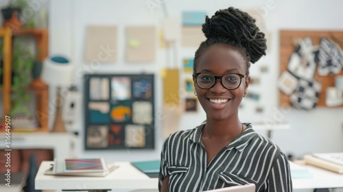 Portrait, tablet and black woman designer in an office for planning, strategy or creative research. Technology, smile and online order with a young employee or small business owner in a workplace 