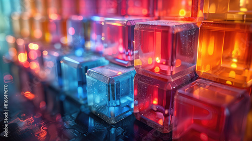Colorful Transparent Cubes with Bokeh Effect on Black Surface,