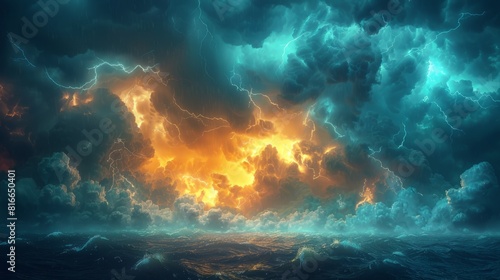 A painting depicting a stormy sky with lightning over a turbulent ocean