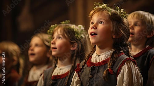 a group of children singing in a church.