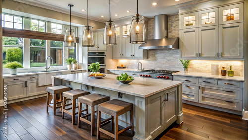 Transitional kitchen design combining traditional and contemporary elements, such as shaker cabinets and sleek lighting fixtures