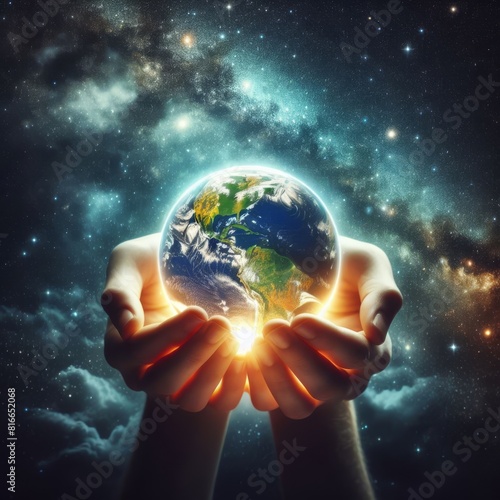 A symbolic depiction of hands holding a radiant Earth against a star-studded space backdrop, signifying care for our planet.. AI Generation