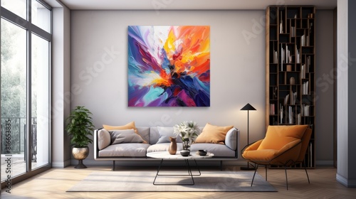A large, abstract painting with bright colors. The painting is mostly blue, with some yellow, orange, and purple. It is a very colorful and vibrant painting.