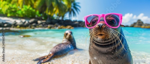 Funny animal summer holiday vacation travel photography banner - Seal with sunglasses relaxing chilling at the beach, ocean sea and tropical palm trees in the background.