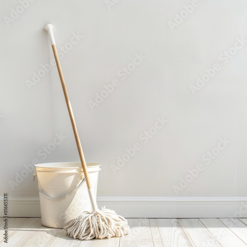 Mop and bucket on wooden floor near light wall, copy space, mop background