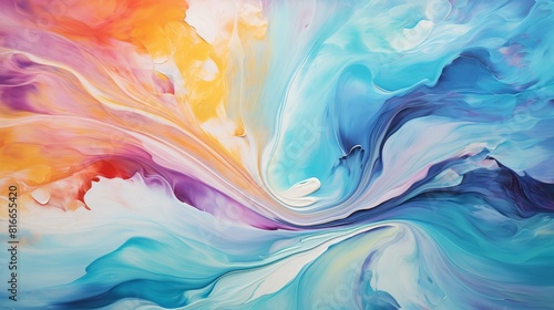 The image is an abstract painting. It has a colorful background with a blue and orange wave in the center. The painting is very fluid and looks like it is in motion.
