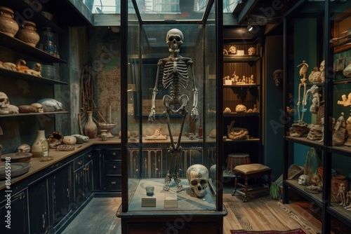 Dimly lit curiosity cabinet featuring a human skeleton and various oddities