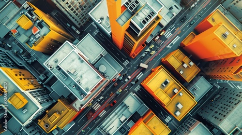 The image shows an aerial view of a city. The buildings are mostly yellow, orange, and blue. The streets are filled with cars.