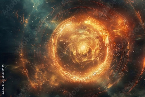 A mystical fire portal opening into another realm surrounded by glowing runes and whirlwinds of energy.