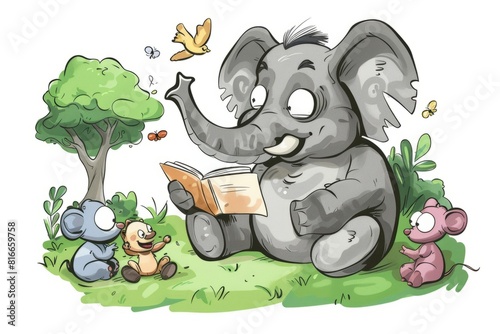 Cartoon cute doodles of a smiling grandpa elephant telling stories from his youth to a circle of fascinated little animals, Generative AI