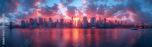 A city skyline is reflected in the water, with the sun setting in the background