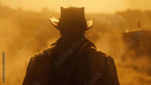 A lone cowboy on horseback rides through a vast, open field under a cloudy sky.