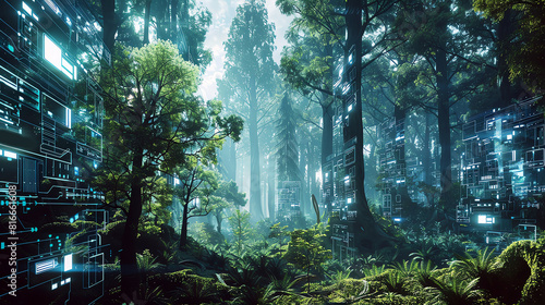The lush forest is a metaphor for the interconnectedness of all things. The digital elements represent the invisible forces that shape our world.
