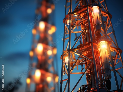 The image shows a closeup of a distillation tower with a blue background.