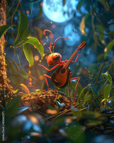 3D cartoon, ant playing a guitar made of leaves, macro, moonlit stage
