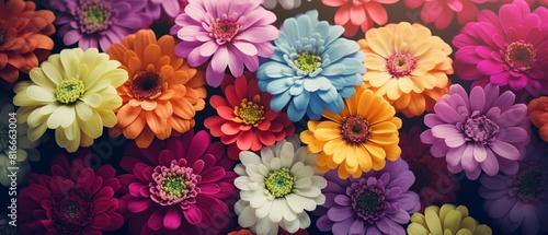 A garden of colorful zinnias in full bloom, 3D render, illustration, minimalist, 8K, closeup, professional color grading