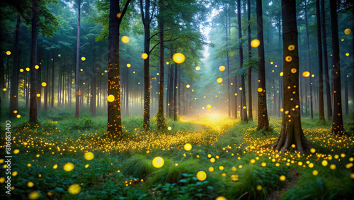 Ethereal glow of fireflies casting a spell over a forest clearing, making it seem like a fairy tale come to life.