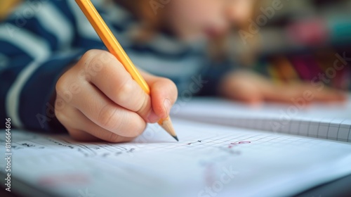 Close up of smart diverse children hand writing classwork at classroom. Attractive elementary student taking a note or doing homework while camera focus on learner holding pencil. Creative. AIG42.