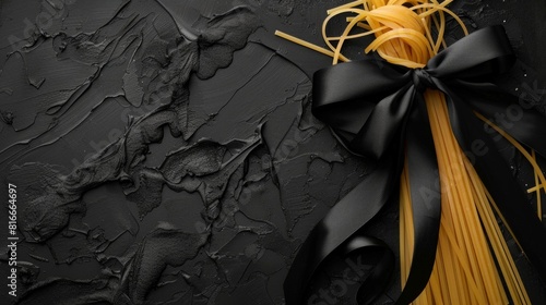 Dry pasta spaghetti with black ribbon over black textured background