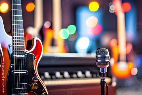 selective focus microphone and blur musical equipment guitar ,bass, drum piano background. 