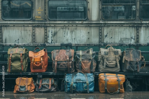 Travel Bags. Vintage Railway Station with Old Baggage near Train Platform