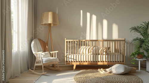 Interior of stylish bedroom with baby crib lamp