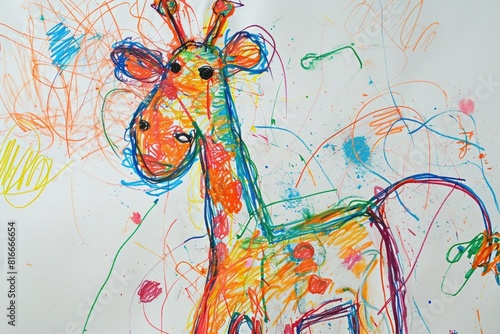 The hand drawing colourful picture of giraffe that has been drawn by the colored pencil, crayon or chalk on the white blank background that seem to be drawn by the child that willing to draw. AIGX01.