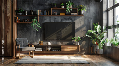 Interior of stylish room with TV stand and shelf units