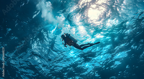A man in a scuba suit swims gracefully underwater.