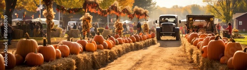 Tractor trailer full of pumpkins at a pumpkin farm