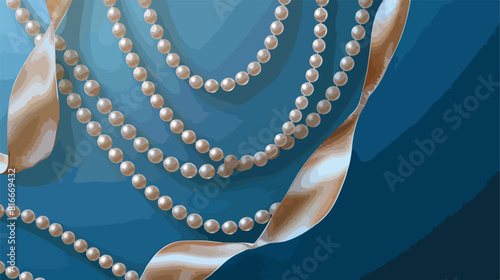Ribbon with pearl necklaces on blue background closeup