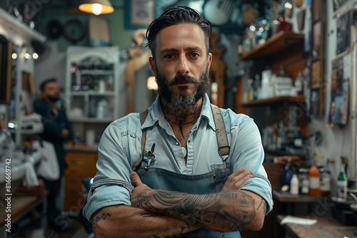 Portrait of virile harsh barber having his arms crossed in barbershop