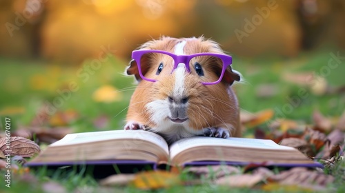 A guinea pig wearing purple glasses is sitting on a book in a field of autumn leaves.