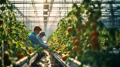 Two young farmers harvesting ripe tomatoes in a greenhouse