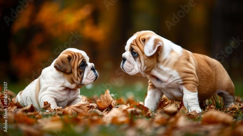 Two cute English Bulldog puppies playing in the fall leaves.