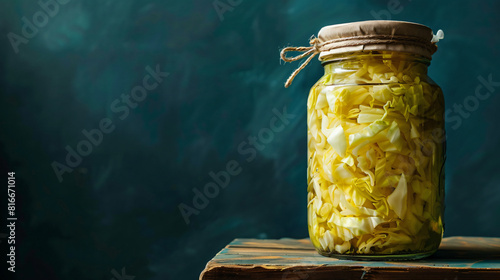 Jar with canned cabbage on table