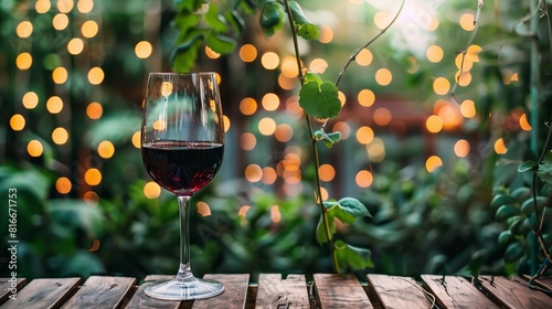 A glass of red wine on an outdoor table against the background of nature with a garland of lights. An event, a party in nature. Alcoholic beverage tasting