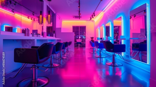 neonlit hair salon, with vibrant lighting that adds a modern twist to hairstyling