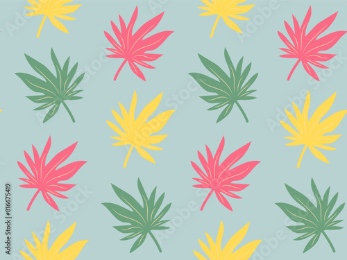 Seamless pattern with colorful tropical leaves. Exotic floral pattern for design and textile. Summer background in pastel colors.